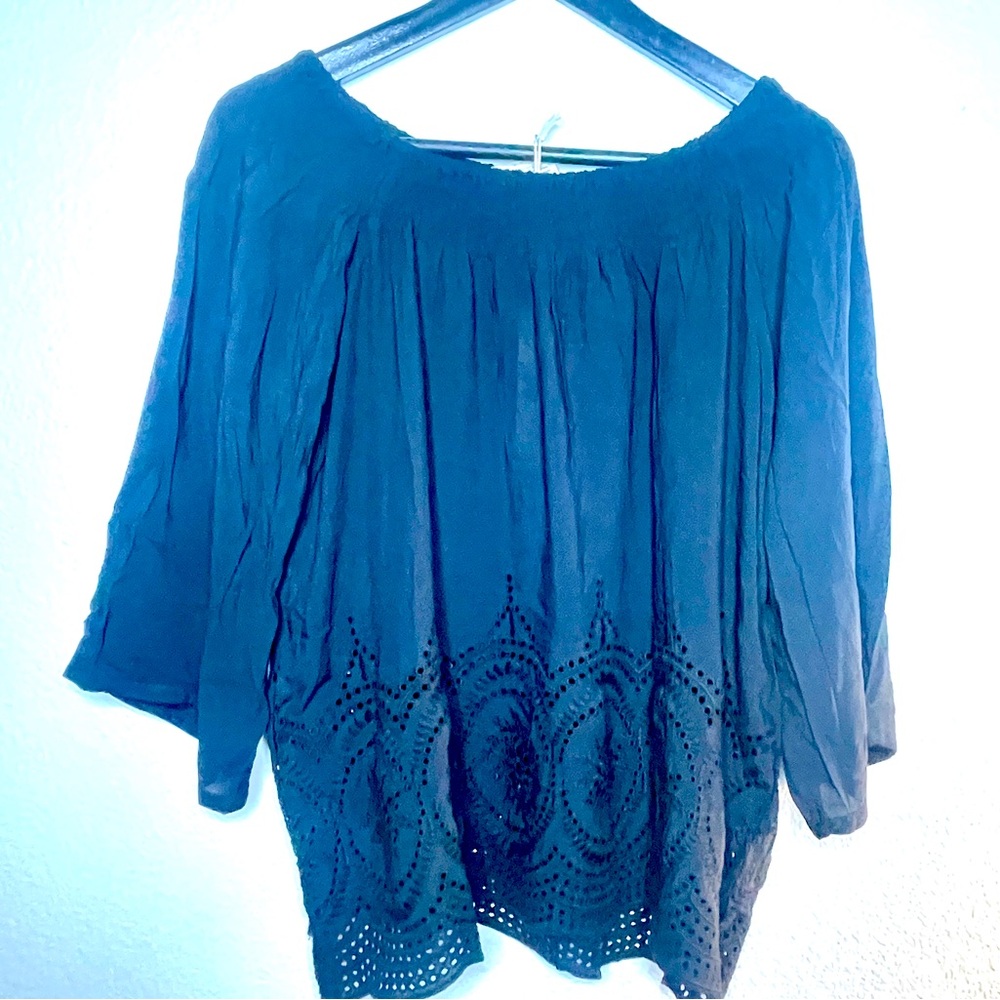 LOVESTITCH black beautiful eyelet accented top with wide neck new with tags